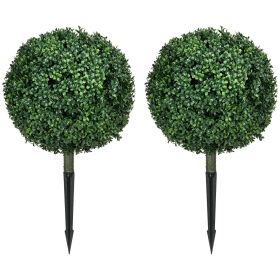 HOMCOM Artificial Boxwood Trees w/ Ground Stake, Set of 2 Ball Shaped Topiary Trees for Home Office & Living Room, UV Resistant