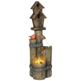 Outsunny Outdoor Fountain with Birdhouse, Cascading Garden Waterfall Bird Bath with 3-Tier Rustic Tree Trunk / Log Design, LED Lights for Porch,