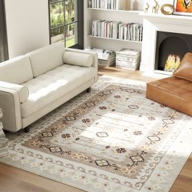 Machine Washable Area Rug 8x10, Non-Slip Boho Flannel Print Floor Carpet For Living Room, Bedroom, Dining Room, Brown (Color: Brown)