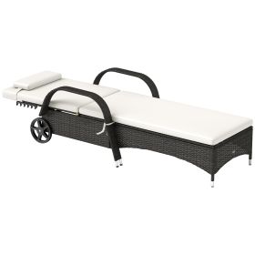 Outdoor Chaise Lounge, 5-Level Adjustable Backrest Rattan Pool Lounge Chair With Wheels, Cushion & Headrest, Cream (Option: Cream)