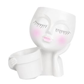 Girl Face Planter Pot Dual Opening Flower Pot With Drainage Hole Lady Head Resin Plant Pot For Succulent Cactus Indoor Outdoor (Color: White, size: One size)